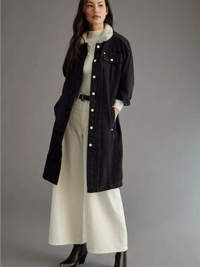 Pilcro by Anthropologie Long Denim Duster Sherpa Collar Jacket Black Gray - M